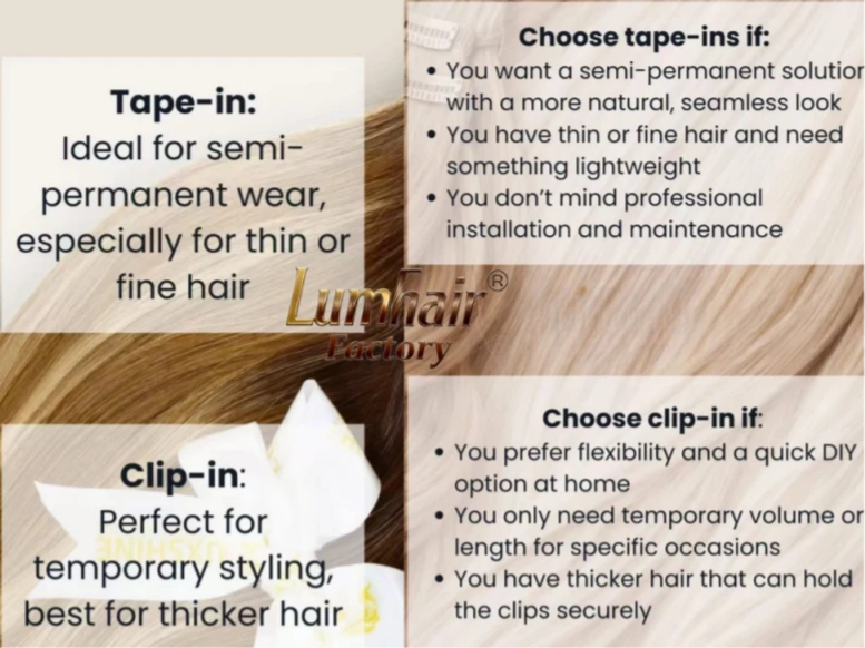 Tape-in ​​vs. Clip-in-Haarverlängerungen vs. handgebundener Tressen